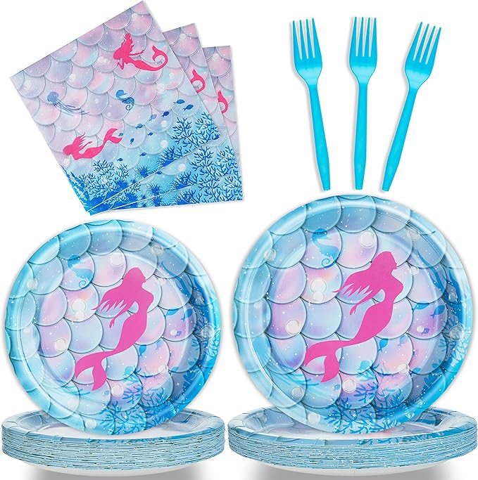 96 Pcs Mermaid Birthday Party Plates Napkins Forks Supplies Tableware Set Disposable Table Mermaid Theme Decoration for Girl Birthday Party or Baby Shower, Serves 24 Guests