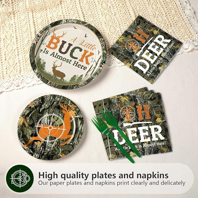 Grencian 96Pcs Hunting Deer Camo Baby Shower Supplies Oh Deer Plates and Napkins A Little Buck is Almost Here Tableware for Outdoor Camping Picnic Hunting Themed Baby Shower Decorations Serves 24