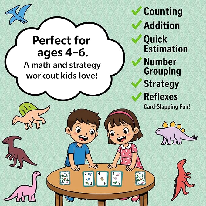 Dino Dash Card Game - Kids Counting Game for Ages 4-6 - Quick-Counting Dino-Slapping Game Fast, Fun, and Frenetic - Smart Card Game for Kids 4-6 & 2-4 Players - Dinosaur Games - Dinosaur Gifts