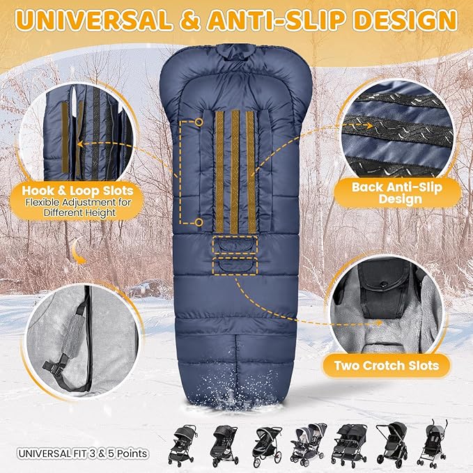 Orzbow Universal Stroller Bunting Bag with Extra Footmuff for Toddler, Kids, Warm Waterproof Stroller Blanket, Winter Cover, Baby Bunting Bag - Protect Babies from Cold Winds, Blue