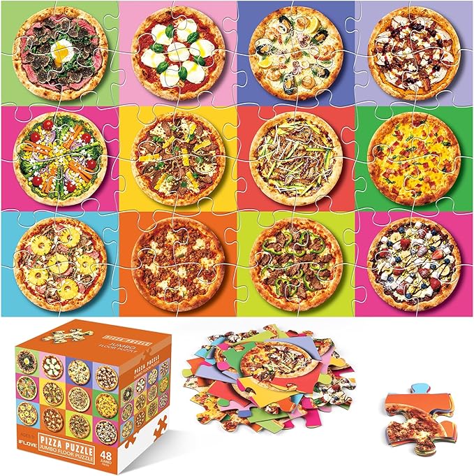 Jumbo Floor Puzzle for Kids,48 Piece Pizza Jigsaw Puzzles,Learning Educational Foods Toys for Toddlers Ages 3-5,Colorful Design Children Gift for Boy Girl Ages 4-8