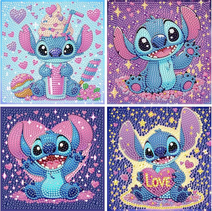 KOJEFCV 4 PCS Diamond Art Painting Kits for Kids,Cartoon Diamond Art for Kids Ages 4-8-12,Cartoon Gem Kit Crafts Beginners for Gift Home Wall Decor(6x6inch)