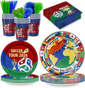 2026 Soccer Tour Disposable Party Supplies Serves 24, 168 Pieces International Flag Tableware Set with Plates Cups Napkins Cutlery, Ideal for Soccer Fans Birthday & Game Day Celebrations