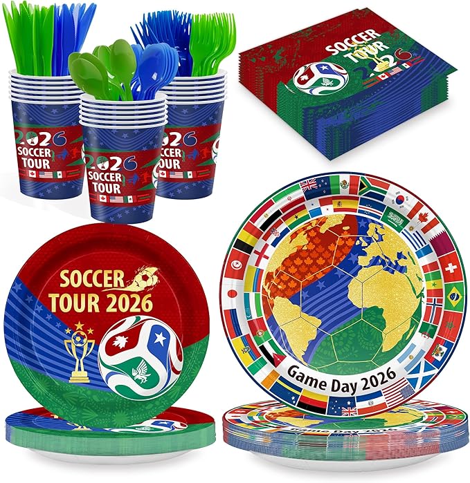 2026 Soccer Tour Disposable Party Supplies Serves 24, 168 Pieces International Flag Tableware Set with Plates Cups Napkins Cutlery, Ideal for Soccer Fans Birthday & Game Day Celebrations