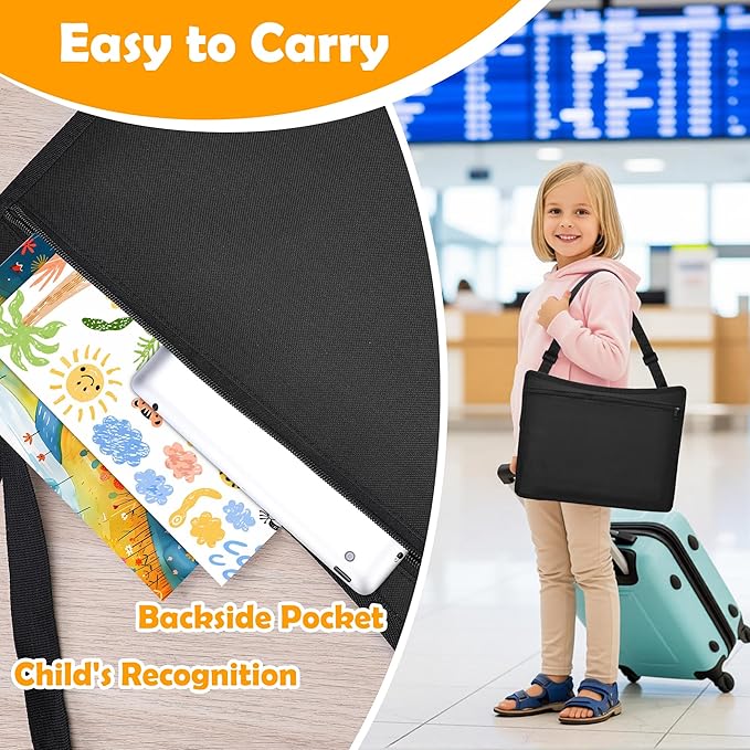 Kids Travel Tray for Toddler Carseat, Road Trip Activities Essentials for Toddler, Kids Lap Desk Tray with Tablet Holder Stand ＆ Dry Erase Board (Black)