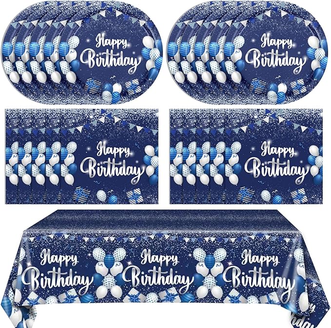 Navy Blue and Sliver Birthday Decorations Happy Birthday Party Tableware Set Happy Birthday Tablecloths and Plates Napkins Party Dinnerware for Men Women Kids Birthday Party Supplies