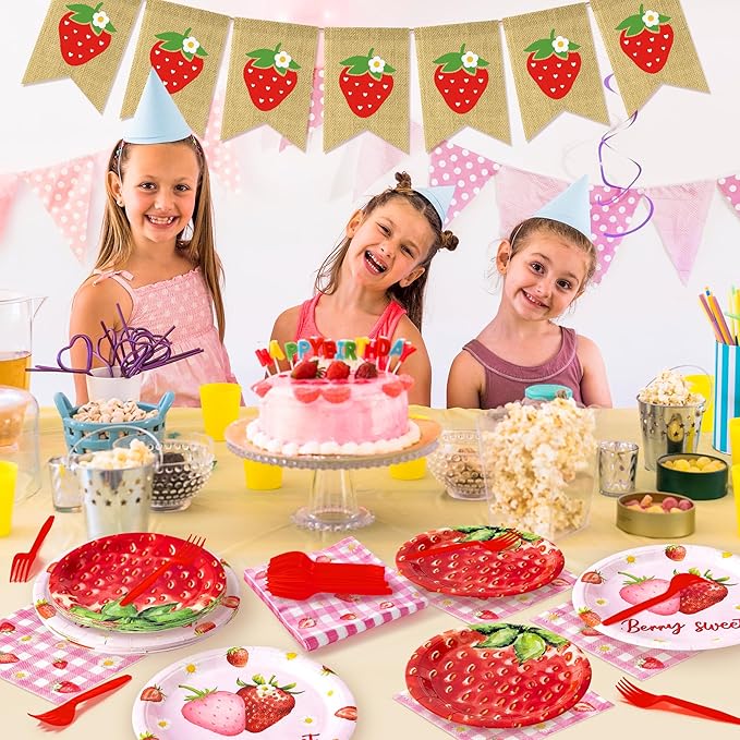 Strawberry Party Supplies - 96Pcs Adorable Watercolor Strawberry Plates Napkins Forks Tableware Set, Disposable Paper Plates Party Decoration for Kids Birthday Picnic Table Decor, Serve 24