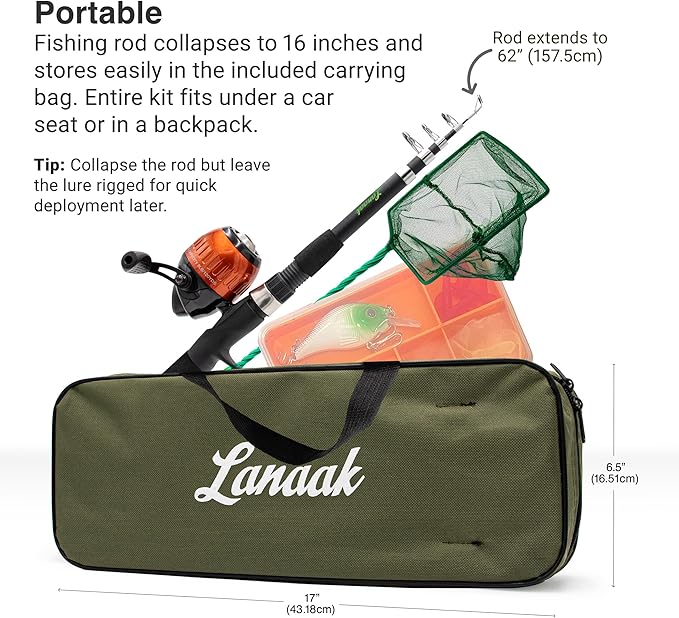 Lanaak Kids Fishing Pole, Kids Portable Telescopic Fishing Rod Set, Tackle Box and Fishing Net Combo Kit, Kids Fishing Gear for Boys and Girls Age 5-10 and Youth