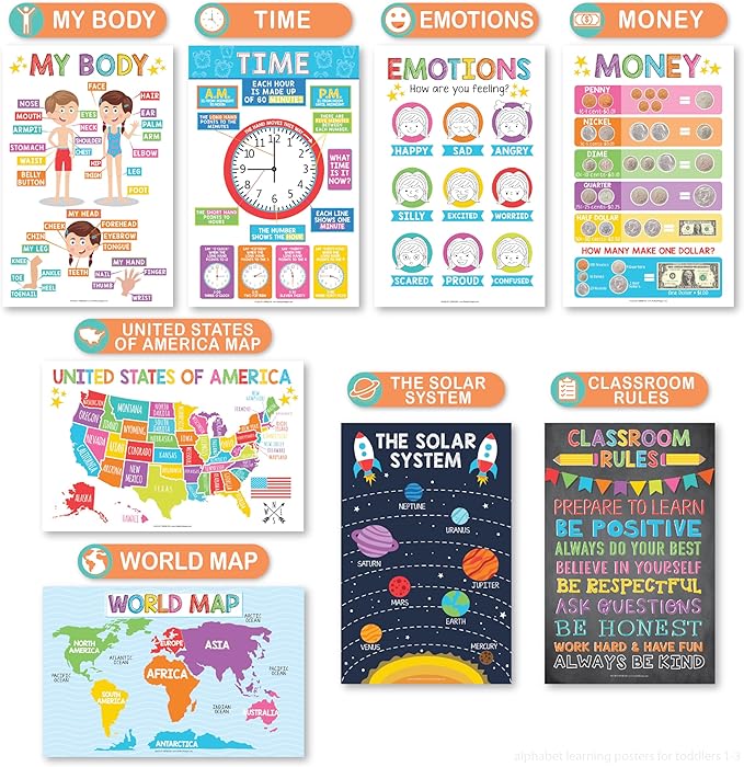 Hadley Designs 16 Educational Posters for Toddler Learning Activities - Alphabet Daycare Essentials, Laminated Pre-K Posters for Toddlers 1-3, Preschool Learning Activities, Rainbow Classroom Decor