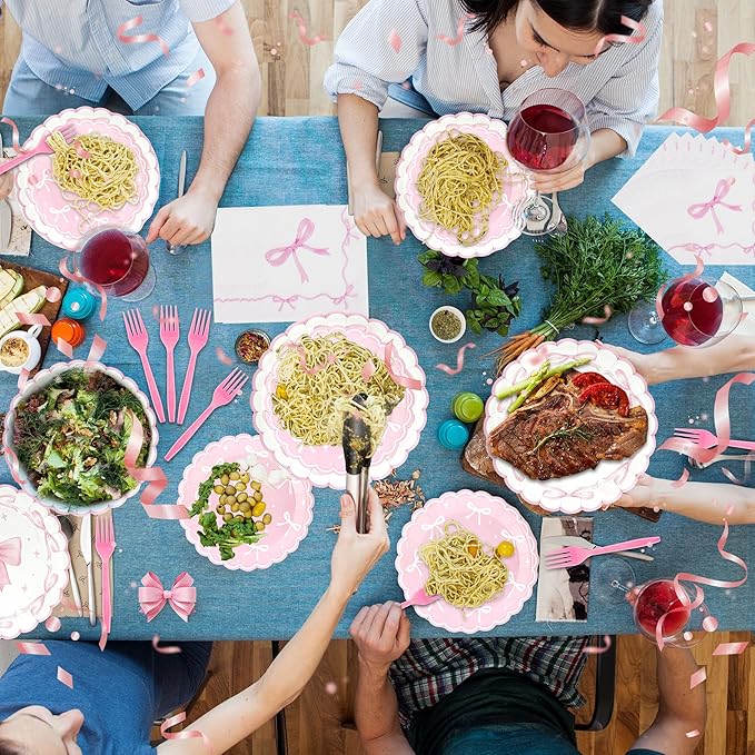CANREVEL 96 PCS Bow Party Plates Serve 24, Bow Plates and Napkins Forks Set, Disposable Tableware for Birthday Supplies Party Decorations for Grils Kids Women