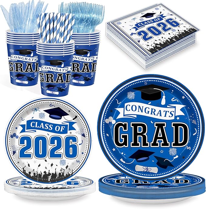 168 PCS Blue Graduation Disposable Party Supplies Serves 24, Blue Gold Disposable Tableware Set with Plates Cups Napkins Cutlery Straws, School Student Graduation Birthday Decorations for Boys & Girls
