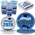 168 PCS Blue Graduation Disposable Party Supplies Serves 24, Blue Gold Disposable Tableware Set with Plates Cups Napkins Cutlery Straws, School Student Graduation Birthday Decorations for Boys & Girls
