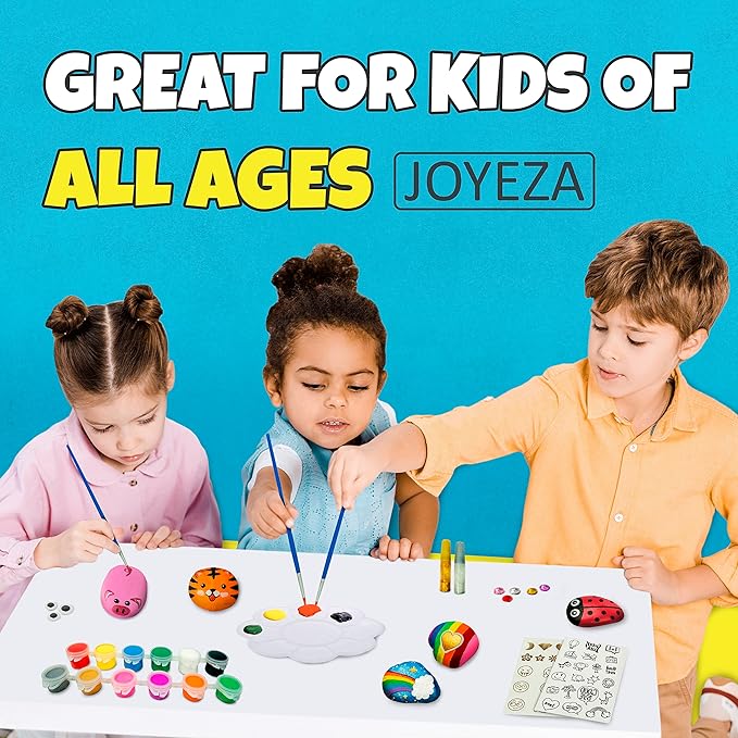 JOYEZA Rock Painting Kit Deluxe, Arts and Crafts for Girls Boys Age 6+, 12 Rocks Tween Gift Art Set, Waterproof Paints, Craft Kits Art Supplies, Kids Crafts Ages 6-8, Kids Activities 6 7 8 9 10