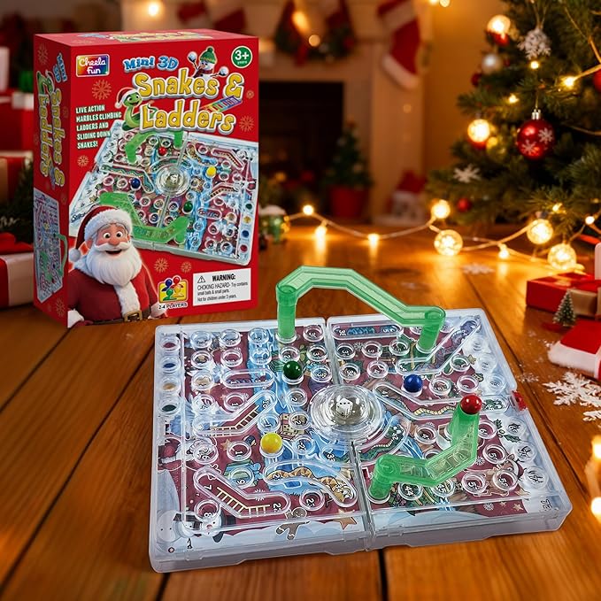 3D Snake & Ladders - Christmas Edition | Festive Foldable Board with 3D Plastic Ladders | Portable Travel Game, No Batteries Needed | Ideal Holiday Party Game for Family