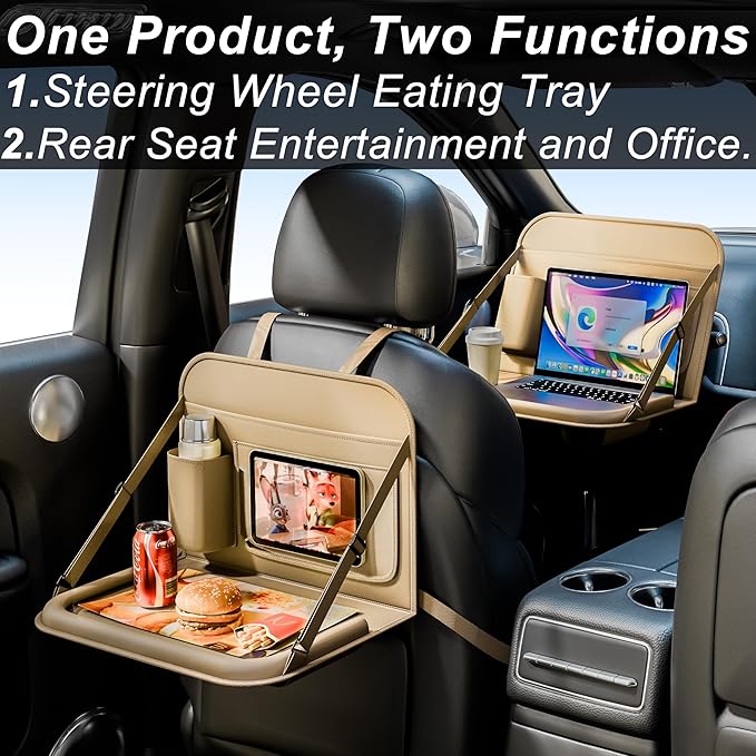 GMQ Backseat Car Organizer with Tray 1 Pack,Car Back Seat Eating Tray for Kids, Multifunctional Laptop Desk,Back Seat Car Storage & Tablet Holder for Children(Beige, 1PC)