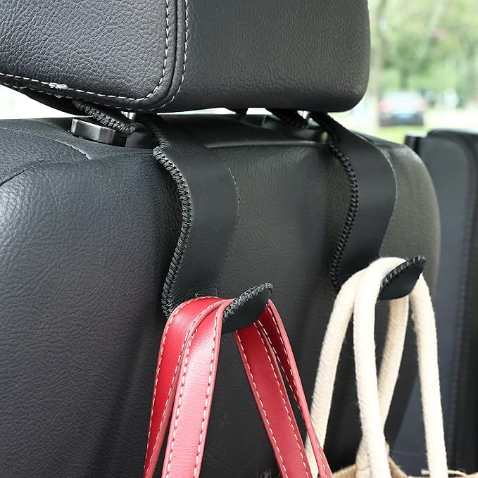 Amooca Car Seat Headrest Hook Universal Vehicle Storage Hanger Leather with Metal Car Seat Back Organizer for Handbag Purse Coat Black 2 Pack