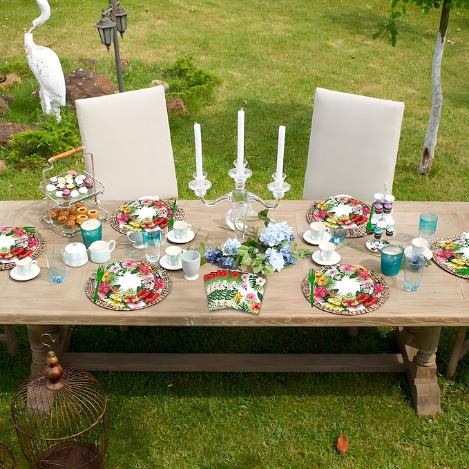 100 Pcs Tropical Luau Party Supplies Set, Serves 25 – Disposable Hibiscus Floral Paper Plates, Napkins, and Forks, Hawaiian Themed Tableware for Summer BBQ, Pool and Beach Aloha Birthday Decorations