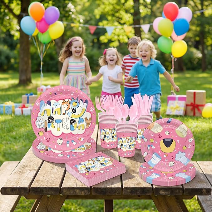 Pink Cartoon Puppy Themed Party Supplies for 24 Guests,Pink Dog Birthday Decorations Disposable Tableware Set With Plates, Cups, Napkins & Cutlery For Kids Child Themed Birthday Party