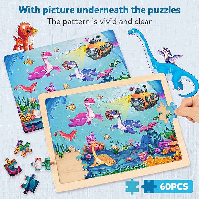 SYNARRY Wooden Dinosaur Puzzles for Kids Ages 4-6, 6 Packs 60 PCs Jigsaw Puzzles Educational Toys Gifts for Children Ages 4-8, Easter Basket Stuffers Gifts Toys for Kids