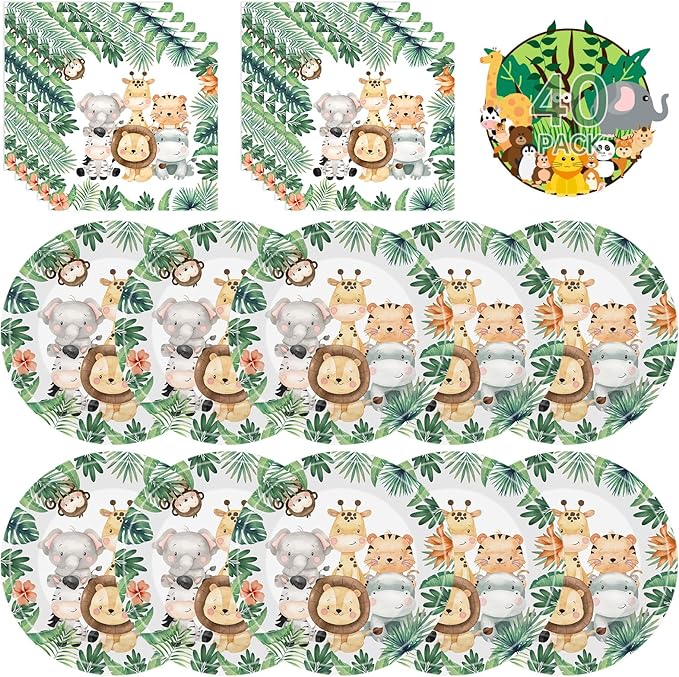 40 Pcs Jungle Animals Party Decorations - Safari Animal Plates and Napkins, Wild Animals Paper Plates Napkins Disposable Tableware Set for Baby Shower Zoo Birthday Party Supplies Favors, Serves 20