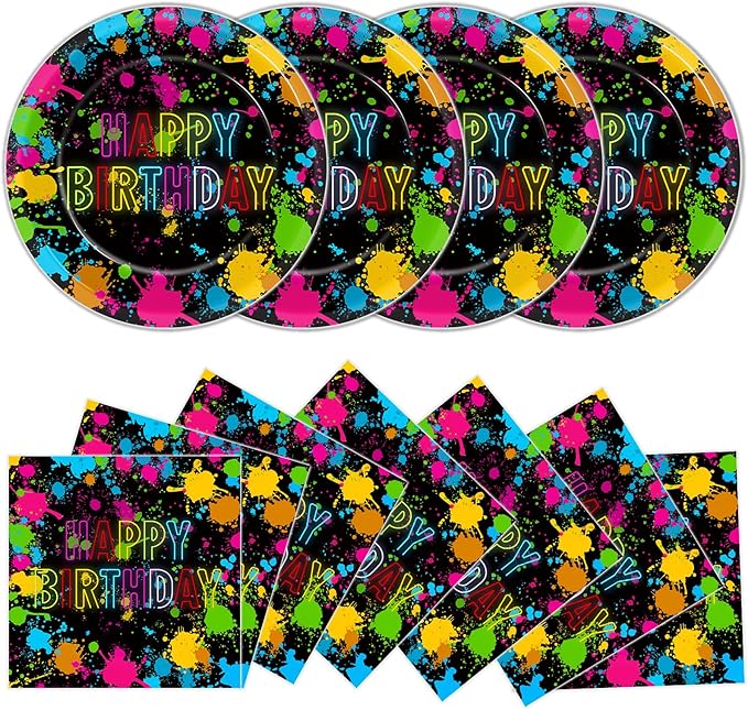 48Pcs Neon Glow in the Dark Paper Plates and Napkins Neon Birthday Party Decorations Paint Splatter Birthday Party Supplies Colorful Graffiti Disposable Tableware for Kids Baby Shower Serves 24