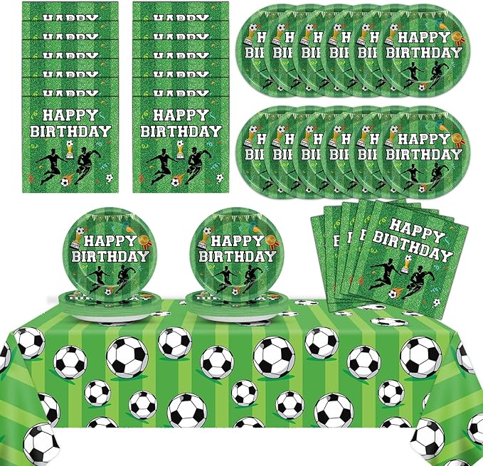 Soccer Party Supplies Serves 24 Soccer Birthday Decorations Party Paper Plates and Napkins Includes Plastic Sports Birthday Disposable Tablecloth Set Tableware for Sports Party Supplies for Boys Girls