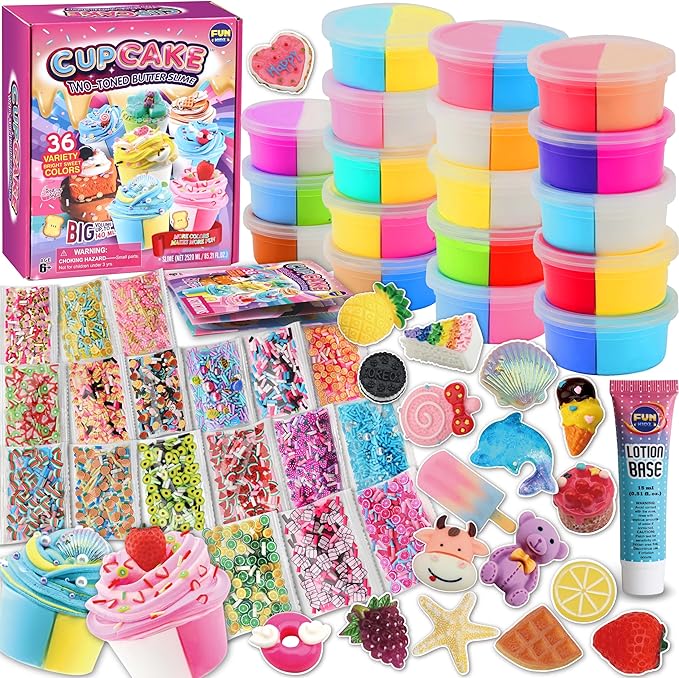 36 Big Cupcake Butter Slime Packs for Girls, FunKidz Two Toned Butter Slime Kit for Kids Party Favors Premade Bulk Slime Toys