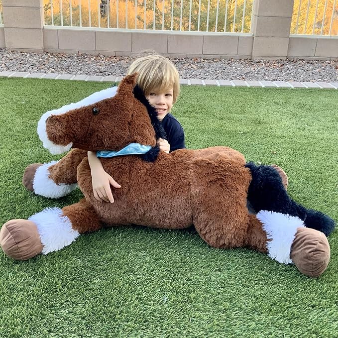 Tezituor 4ft Realistic Horse Stuffed Animal, 47inches Chocolate Stuffed Horse Farm Plush Toy, Hugging Soft Pony Plush Body Pillow Theme Decor Gift for Boys Girls