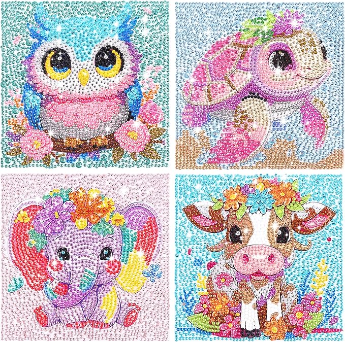 GIFOHAPY 4 Pack Diamond Art Kits for Kids, 5D Cute Animal Diamond Painting Kit for Beginners, Gem Art Crafts By Number for Boys Girls Ages 6-8-12-14,Home Wall Decor Gift 6X6“ (XY001+002+003+04)