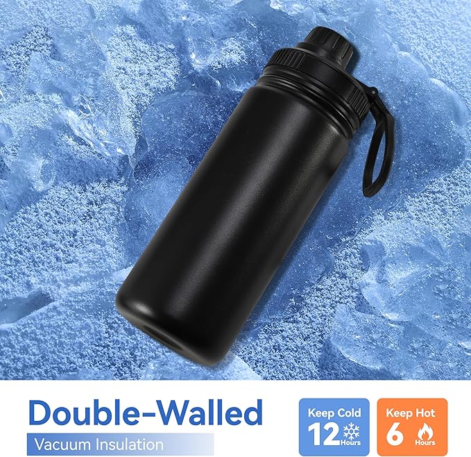 DOMICARE 16 oz Kids Water Bottle for School Stainless Steel Double Wall Vacuum Insulated Water Bottle with Straw lids & Spout Lid, Leakproof BPA Free （Black,8)