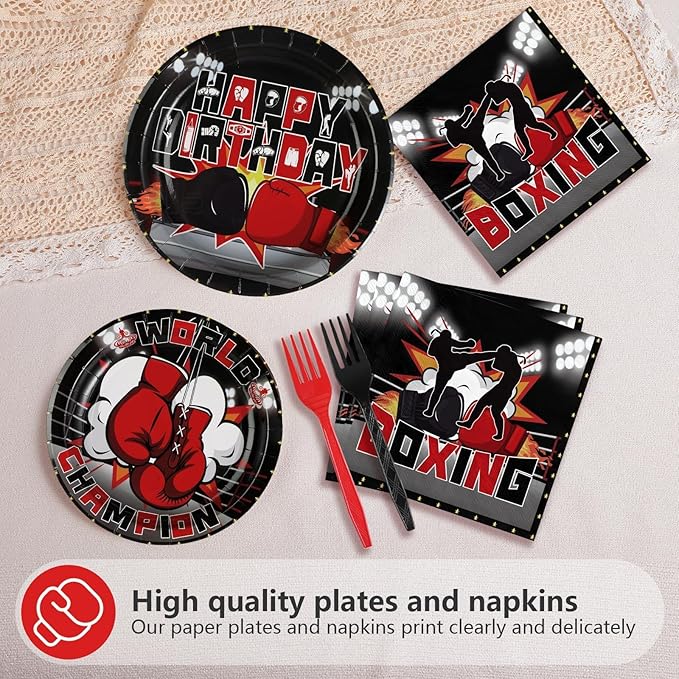 Grencian 96Pcs Boxing Birthday Party Supplies World Champion Plates and Napkins Fight Sports Wrestling Tableware Set for Boxing Birthday Party Supplies Serves 24