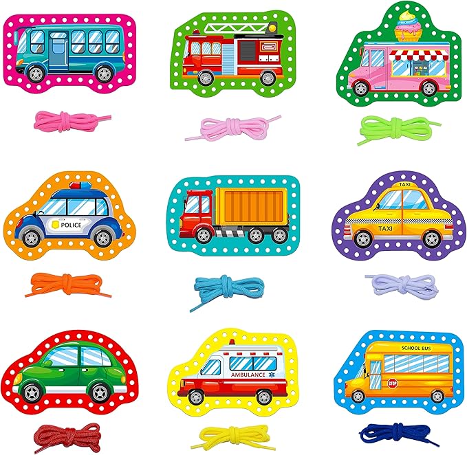 SpriteGru 9 Pieces Kids Lacing Cards, Double Sided Sewing Cards in 9 Vehicle Cards with 9 Colorful Laces, Imagination Development Lacing Toys Games for Children Educational and Learning Activity