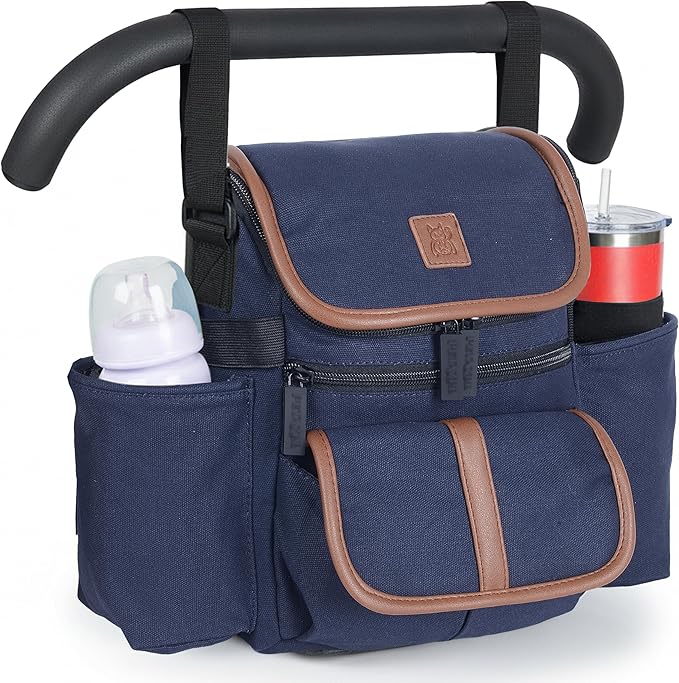 Baby Stroller Organizer Caddy with 2 Cup Holders — NT·hut CarryZee Universal Stroller Bag, Bottle Straps, Magnetic & Zippered Pockets, Fits 11" Tablet, Water Resistant 600D Oxford (Blue)