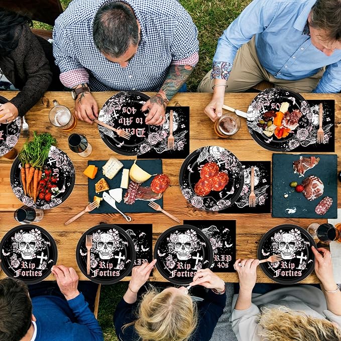 Qyeahkj 100 Pcs 50th Birthday Party Supplies Death to My 40s Paper Plates and Napkins Set Black Rose Gold Rip to My 40s Disposable Tableware Decorations for Women Forties Funeral Youth Serve 25 Guests