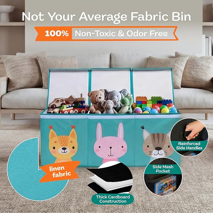 SoftOwl Extra Large Toy Storage Organizer with Lid - Sturdy, Collapsible Toy Chest Storage Box with Cute Design - Toys Bin with Dividers for Kids, Boys, Girls, Nursery, Bedroom, Play room 37"x16"x14"