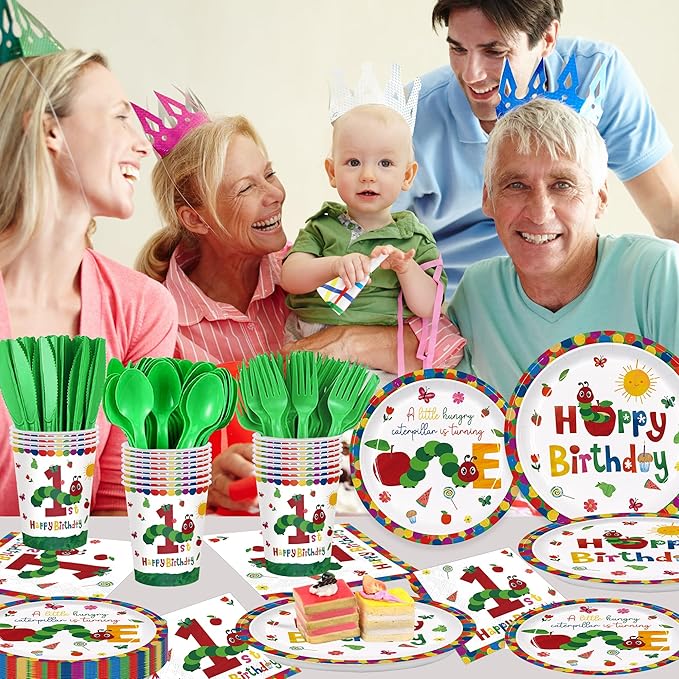 168Pcs Caterpillar 1st Birthday Party Supplies Green Insect Plates Napkins Disposable Tableware Set Hungry Bug Party Decoration for Kids Birthday Baby Shower Serve 24
