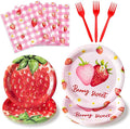 Strawberry Party Supplies - 96Pcs Adorable Watercolor Strawberry Plates Napkins Forks Tableware Set, Disposable Paper Plates Party Decoration for Kids Birthday Picnic Table Decor, Serve 24