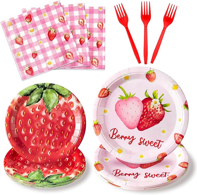 Strawberry Party Supplies - 96Pcs Adorable Watercolor Strawberry Plates Napkins Forks Tableware Set, Disposable Paper Plates Party Decoration for Kids Birthday Picnic Table Decor, Serve 24