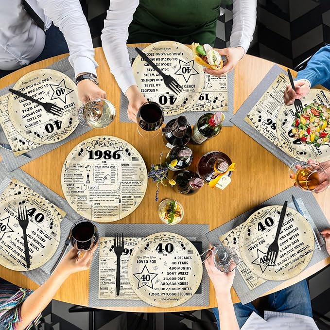CHUNNIN 96Pcs 40th Birthday Plates and Napkins Back in 1986 Party Decorations Vintage 40 Year Old Party Dessert Plates 1986 Birthday Tableware for 24 Guests 40th Theme Men Woman Bday Parties Supplies