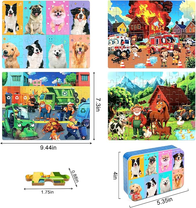 LELEMON Puzzles for Kids Ages 4-6,4-Pack Dogs Fire Fighting Garbage Truck Farm 60 Piece Puzzles for Kids Ages 4-8 in a Metal Box,Educational Jigsaw Puzzles Puzzle Games Puzzle Toys for Girls and Boys