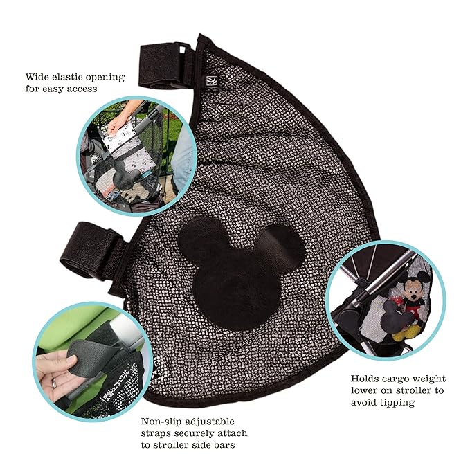 Disney Baby by J.L. Childress Side Sling Stroller Cargo Net - Stroller Organizer Attachment for Storage, Mesh Bag for Baby Accessories, Universal Fit - Mickey, Black