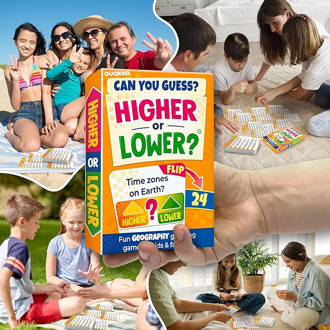 QUOKKA Trivia Board Games for Kids and Adults – Family Board Games for Family Game Night – Higher or Lower Trivia Cards for Kids 8-12 – Guess Fun Questions – Geography Card Game for Families&Teens