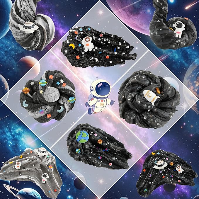 LAWOHO 6 Pack Galaxy Slime Kit for Kids- Cloud, Butter & Clear Slimes with Space Add-ins, 360ml Black Slime for Boys Girls, Kids Slime Kits for Easter Christmas Halloween Birthday, Space Party Favors