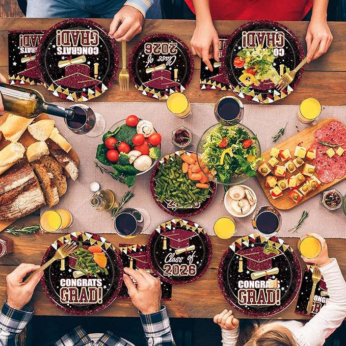 Kepeel 200Pcs 2026 Graduation Party Tableware Set, Maroon Gold Class of 2026 Party Decorations Supplies for Boys Girls Congratulate Graduation Disposable Paper Plates Napkins Forks Favors, Serve 50