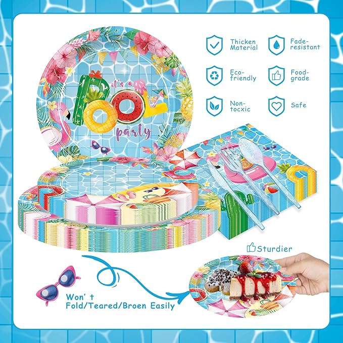 168pcs Pool Party Supplies Pool Party Plates Napkins Dispoasble Tableware Set Summer Decorations for Kids Birthday Hawaii Summer Holiday Serve 24 Guests