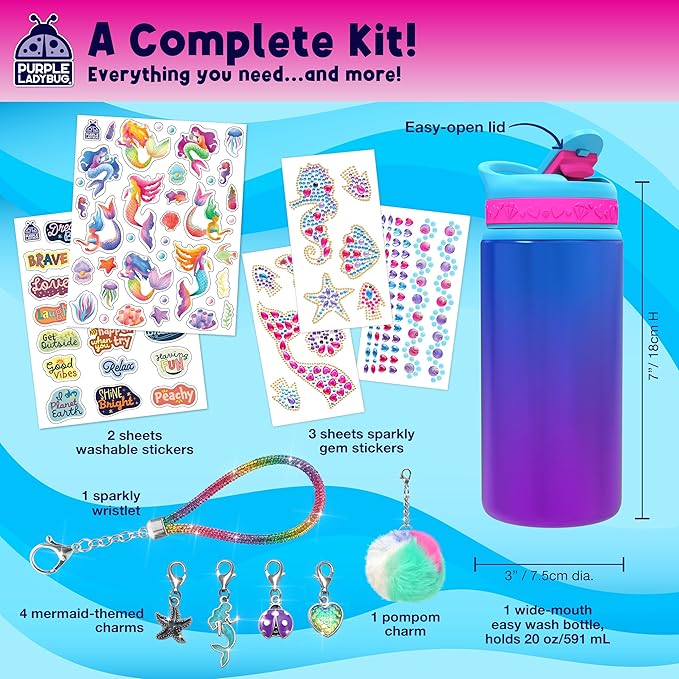 PURPLE LADYBUG Decorate Your Own Water Bottle for Girls - Mermaid Gifts for Girl Age 6-8, Gifts for Girls 5 6 7 8 9 10 Year Old Birthday, Summer Gift for Kids Crafts for Girl Ages 6-8