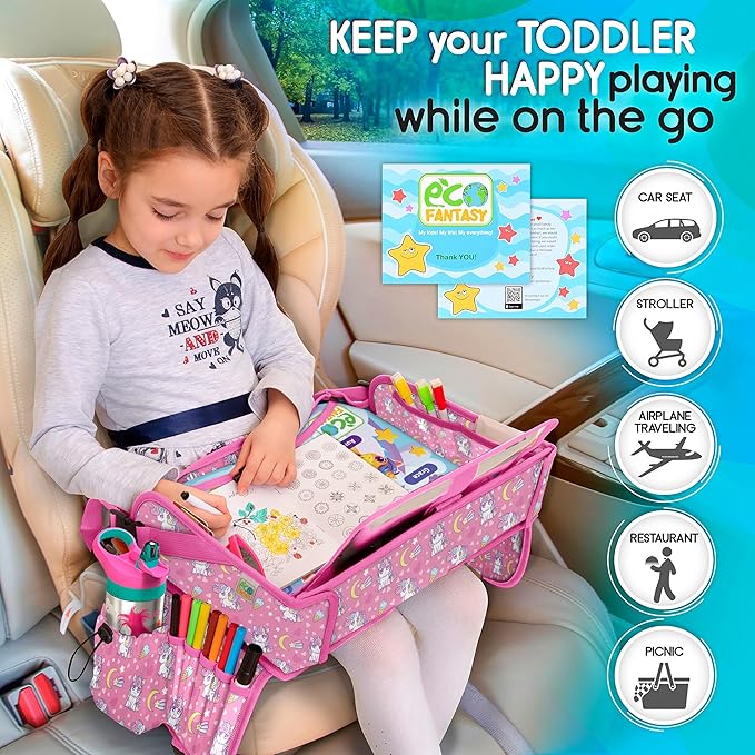 Kids Travel Tray - Waterproof Lap Table with No-Drop Large Tablet Holder - Car Seat Tray - Road Trip Essentials Kids - Car Desk Organizer for Airplane - Toddler Travel Essentials (UNICORN)