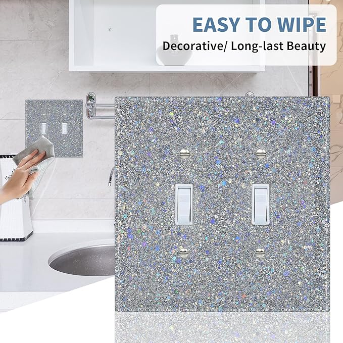 Light Switch Cover Plate - Shiny Deep Silver Mirror Finish (2-Gang,5.1" x 5.1") - Sparkle Double Toggle Wall Plate