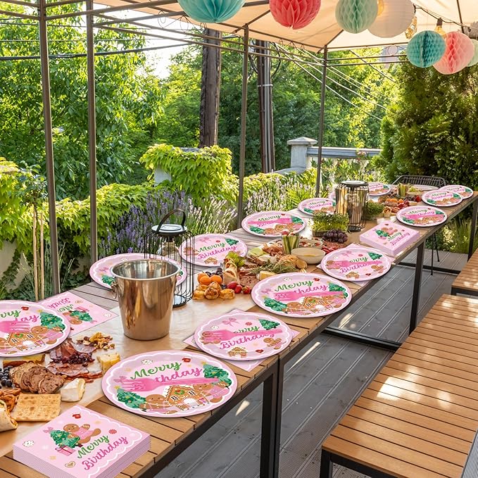 96 Pcs Gingerbread Birthday Party Plates Napkins Tableware Set Pink Christmas Party Supplies Disposable Dinnerware Merry Birthday Decoration Favors for Winter Xmas Baby Shower Holiday, 24 Guests