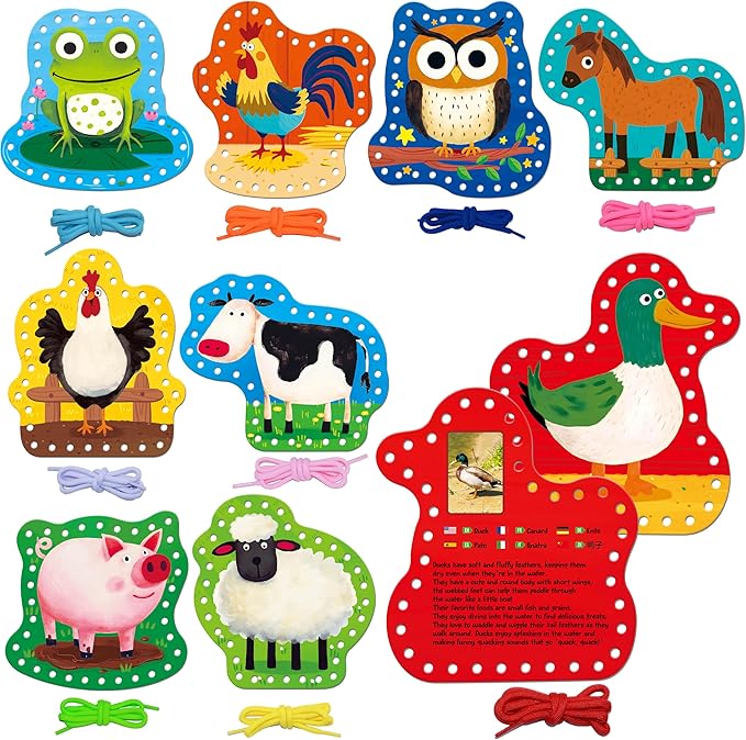 SpriteGru 9 PCS Kids Lacing Cards, 9 Double Sided Farm Animals Sewing Cards with 9 Colorful Laces, Educational & Learning Toys for Preschoolers, Kids Ages 3+